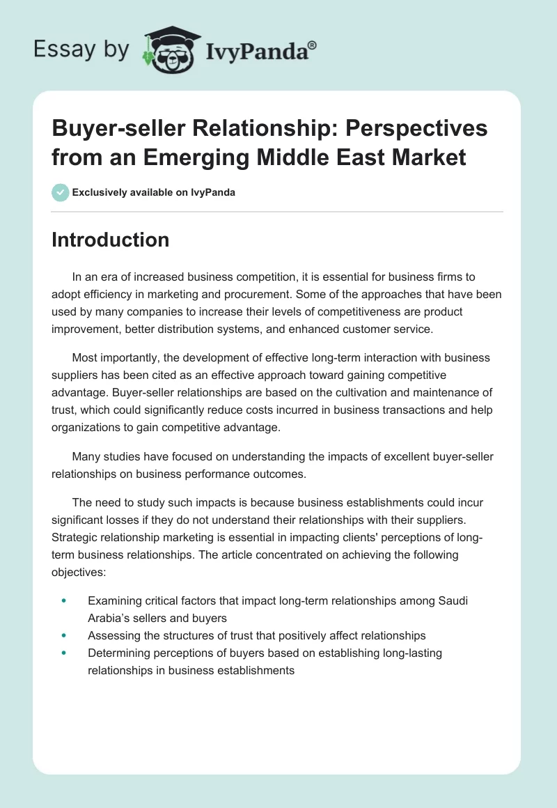 Buyer-seller Relationship: Perspectives from an Emerging Middle East Market. Page 1
