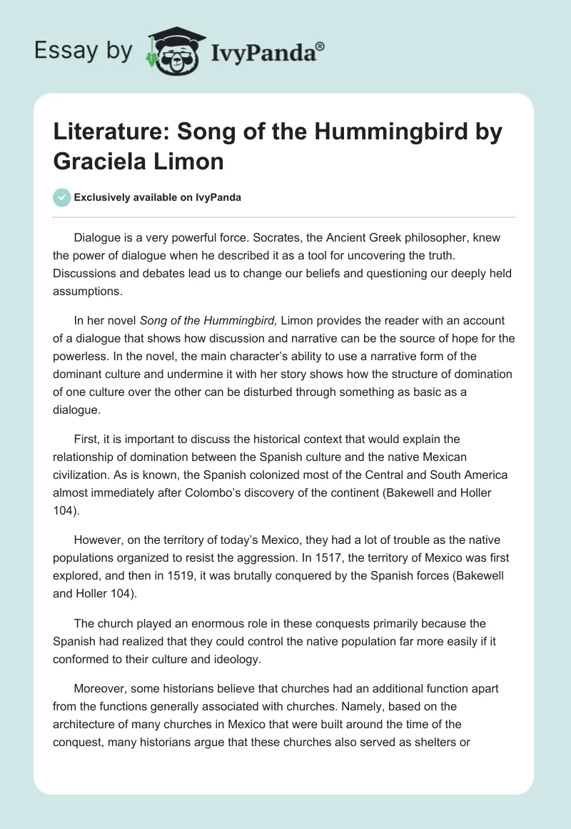 Literature: "Song of the Hummingbird" by Graciela Limon. Page 1