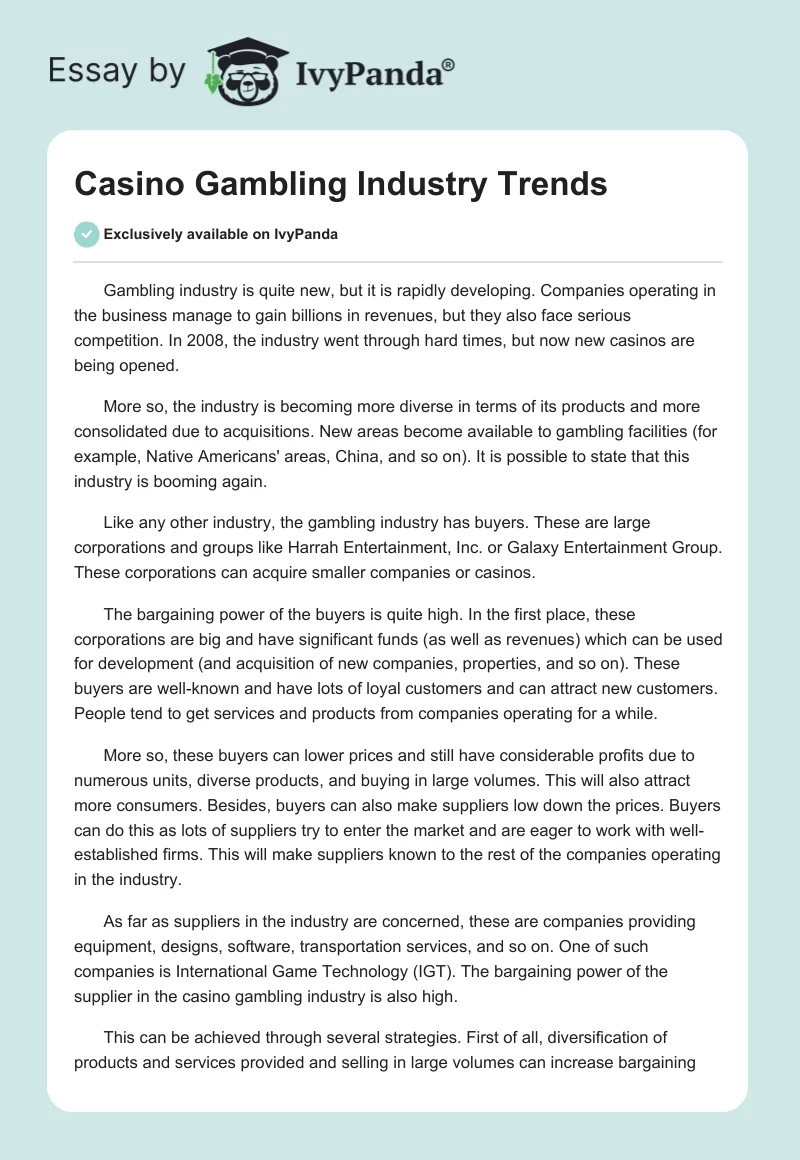 Casino Gambling Industry Trends. Page 1