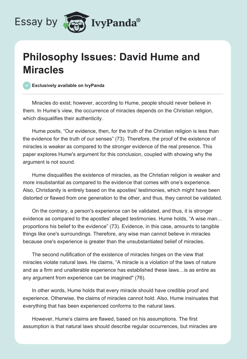 Philosophy Issues: David Hume and Miracles. Page 1