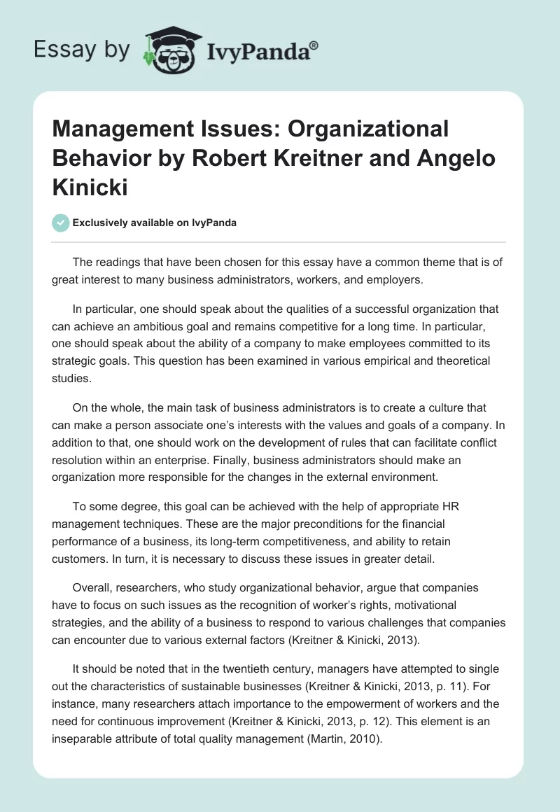 Management Issues: "Organizational Behavior" by Robert Kreitner and Angelo Kinicki. Page 1