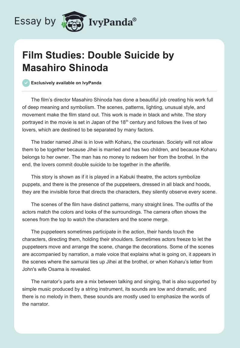 Film Studies: "Double Suicide" by Masahiro Shinoda. Page 1