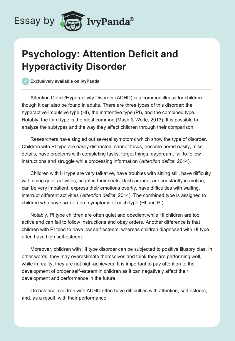 Psychology: Attention Deficit and Hyperactivity Disorder. Page 1