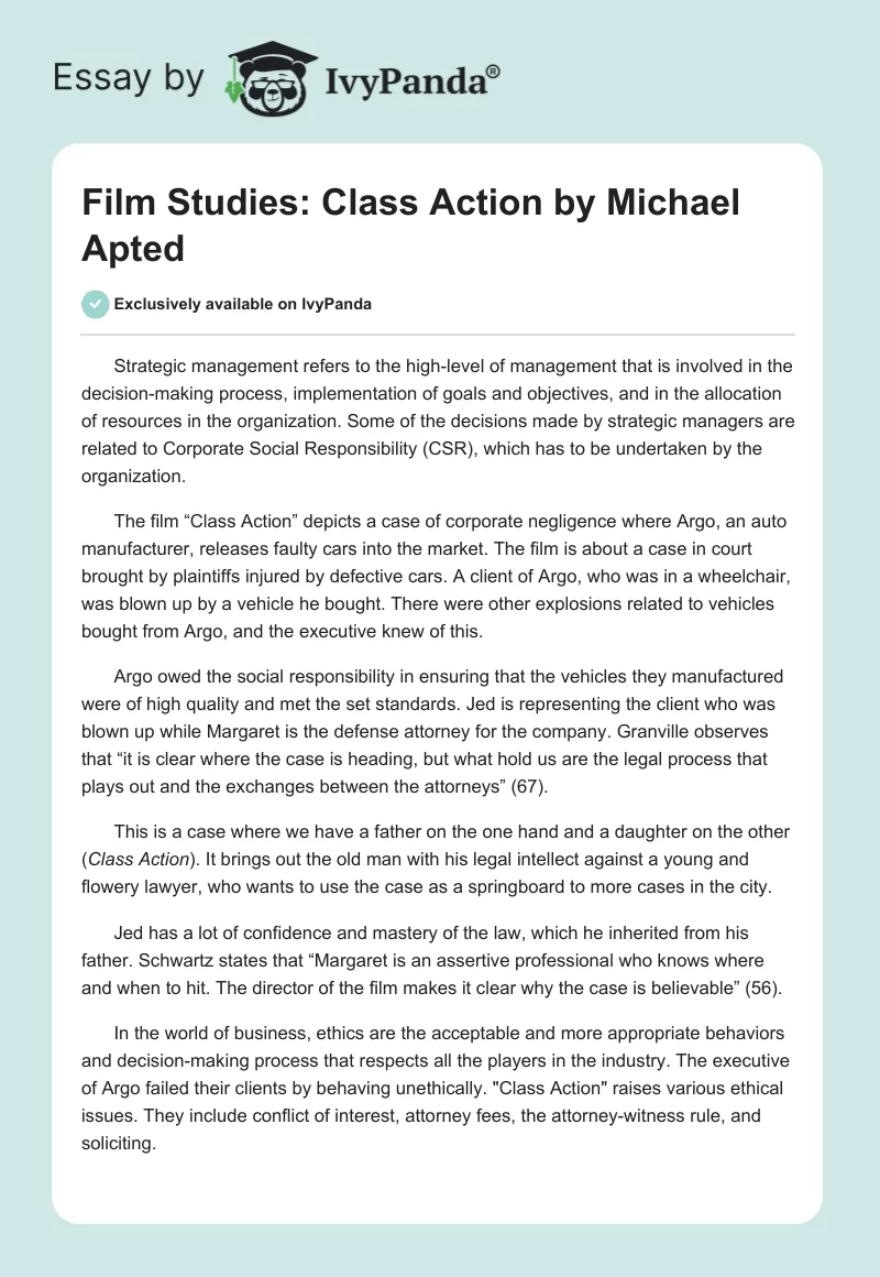 Film Studies: "Class Action" by Michael Apted. Page 1