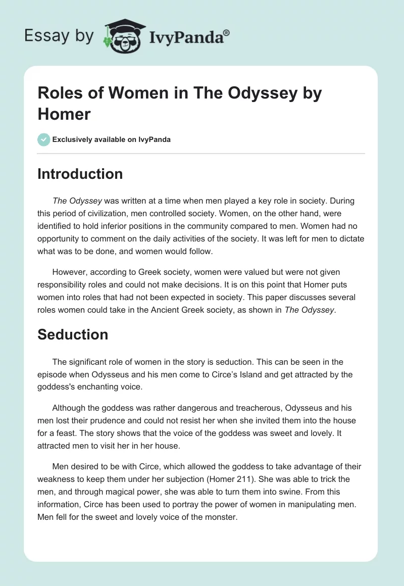 Roles of Women in "The Odyssey" by Homer. Page 1