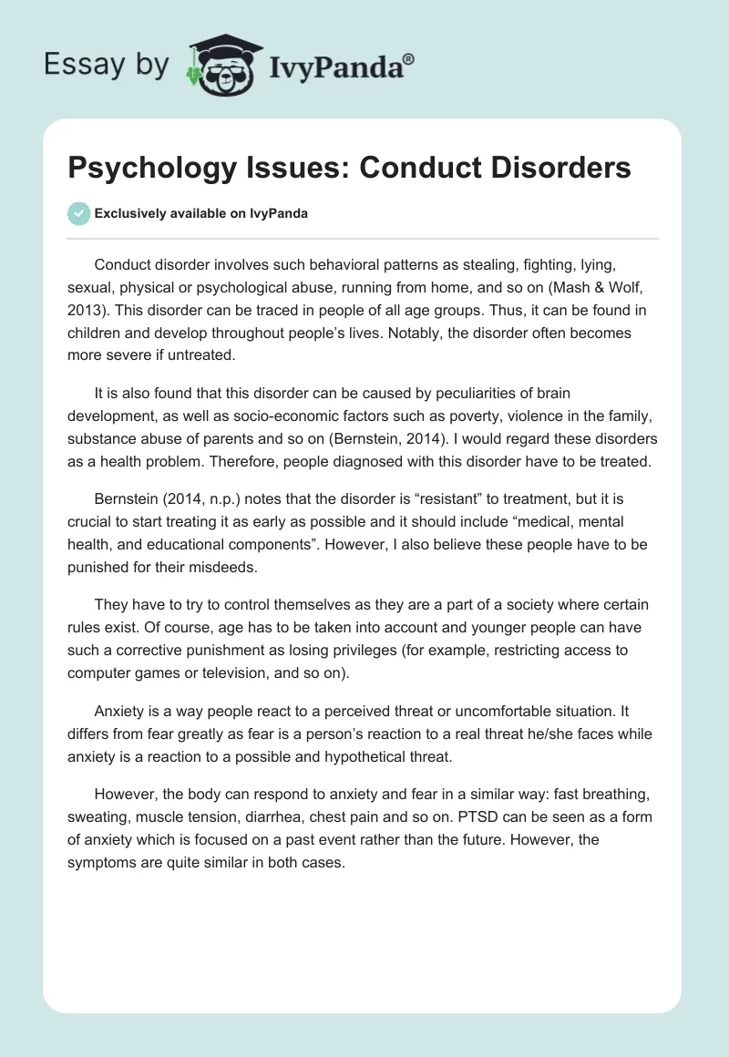 Psychology Issues: Conduct Disorders. Page 1