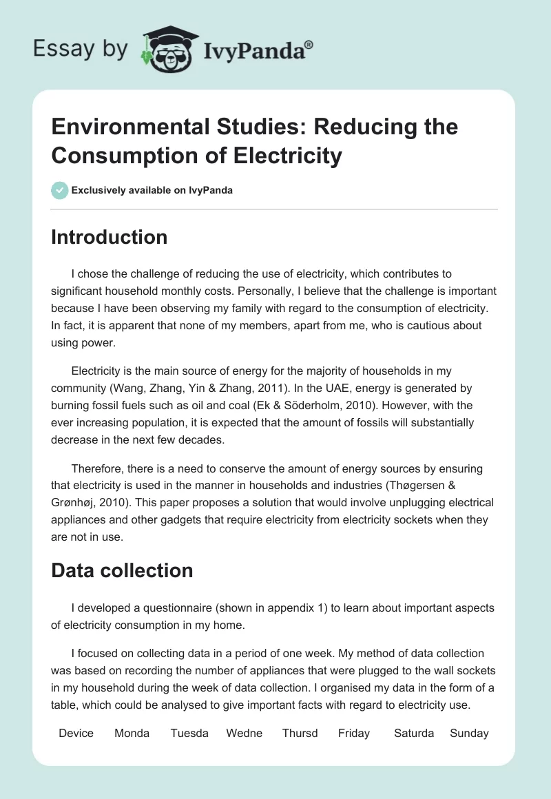 Environmental Studies: Reducing the Consumption of Electricity. Page 1