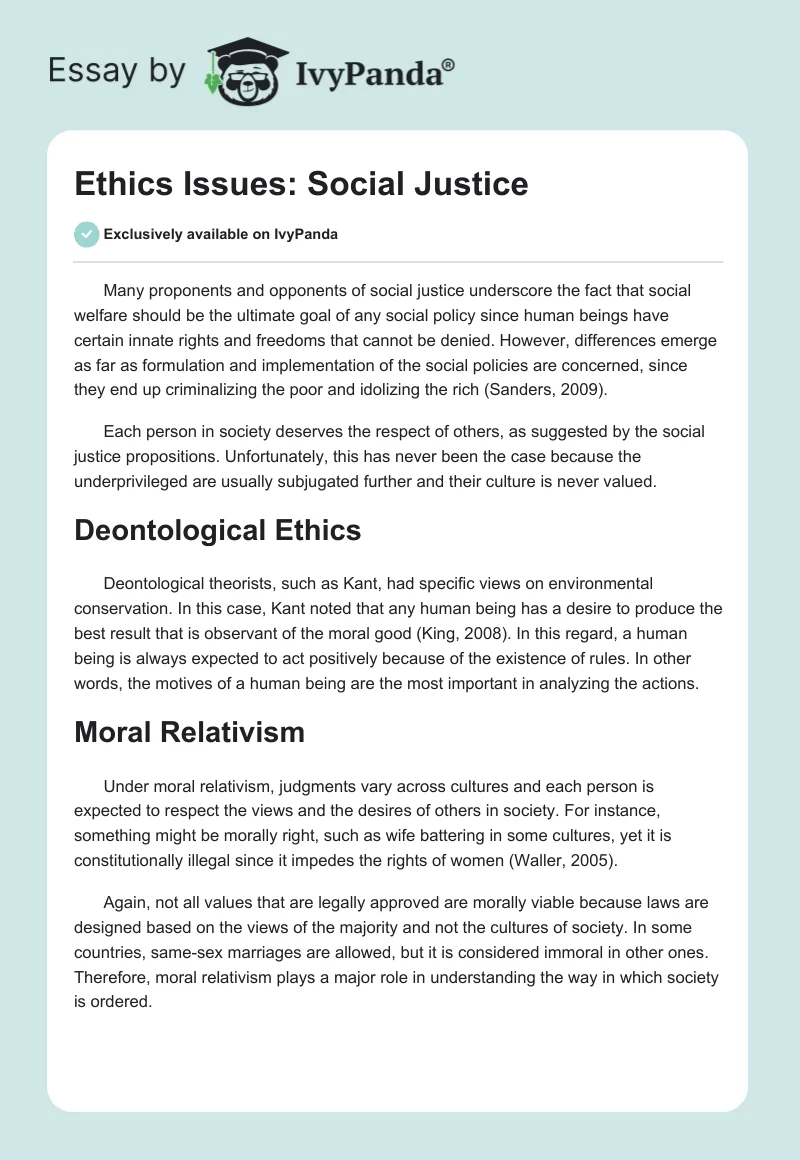 Ethics Issues: Social Justice. Page 1