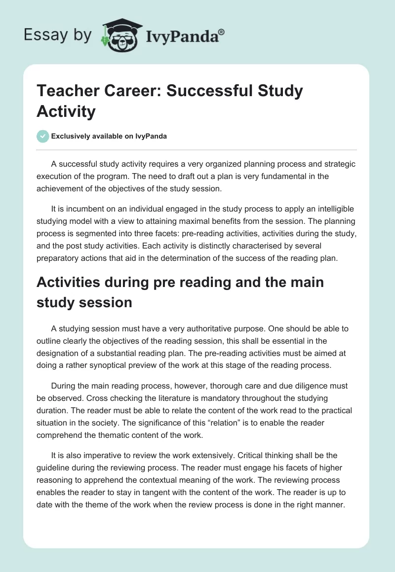 Teacher Career: Successful Study Activity. Page 1