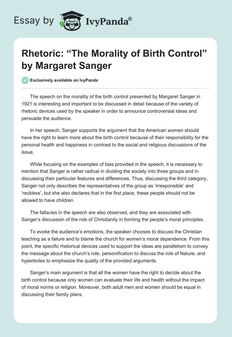 Rhetoric: “The Morality of Birth Control” by Margaret Sanger. Page 1