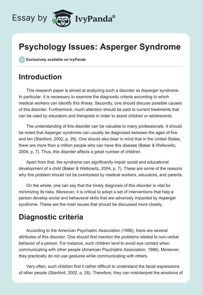 Psychology Issues: Asperger Syndrome. Page 1