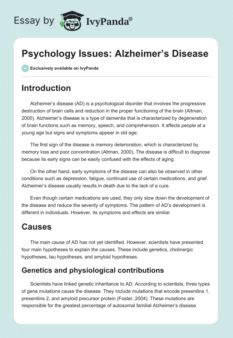 Psychology Issues: Alzheimer’s Disease. Page 1