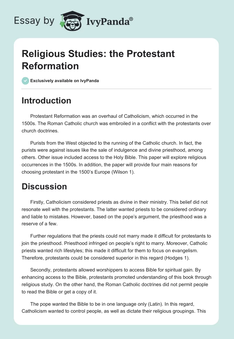 Religious Studies: the Protestant Reformation. Page 1
