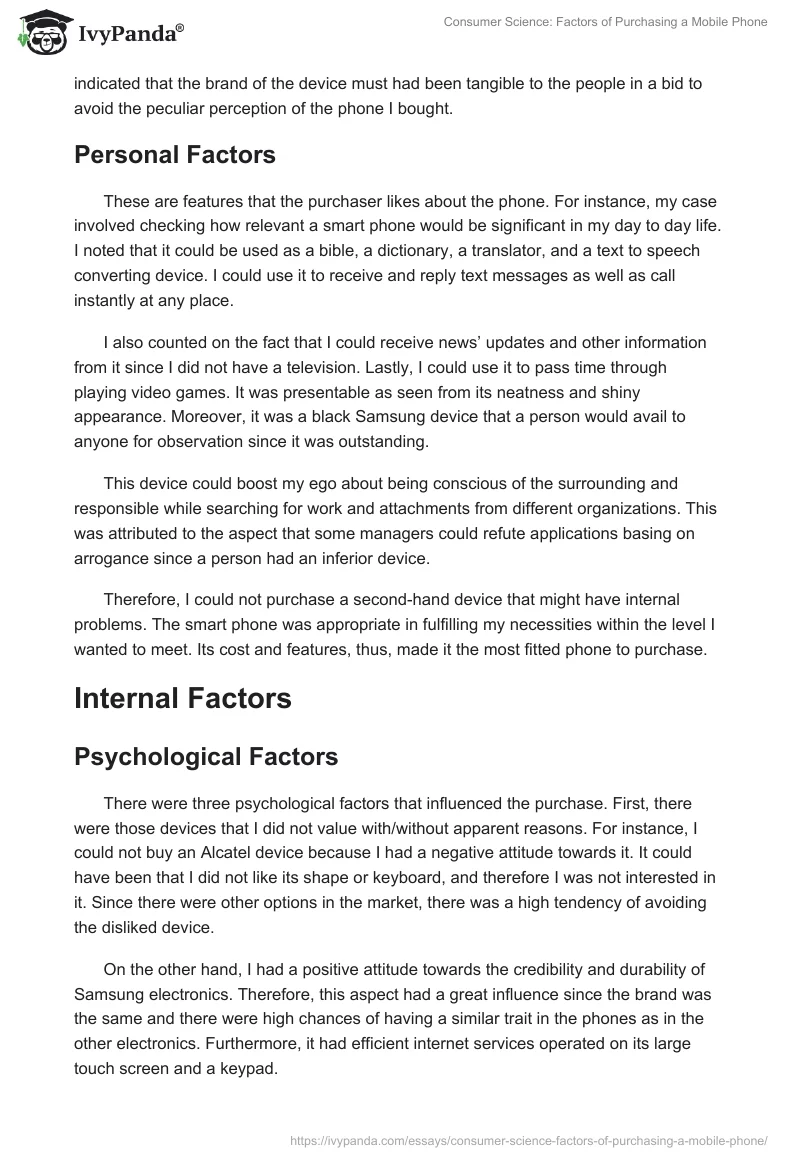 Consumer Science: Factors of Purchasing a Mobile Phone. Page 3