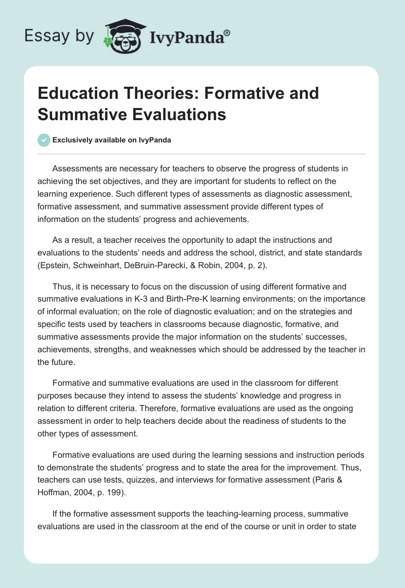 Education Theories: Formative and Summative Evaluations. Page 1