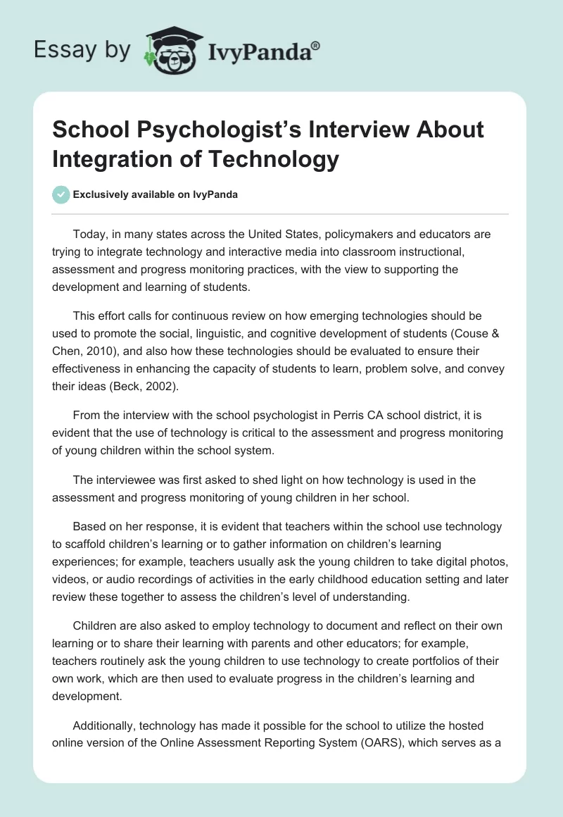School Psychologist’s Interview About Integration of Technology. Page 1