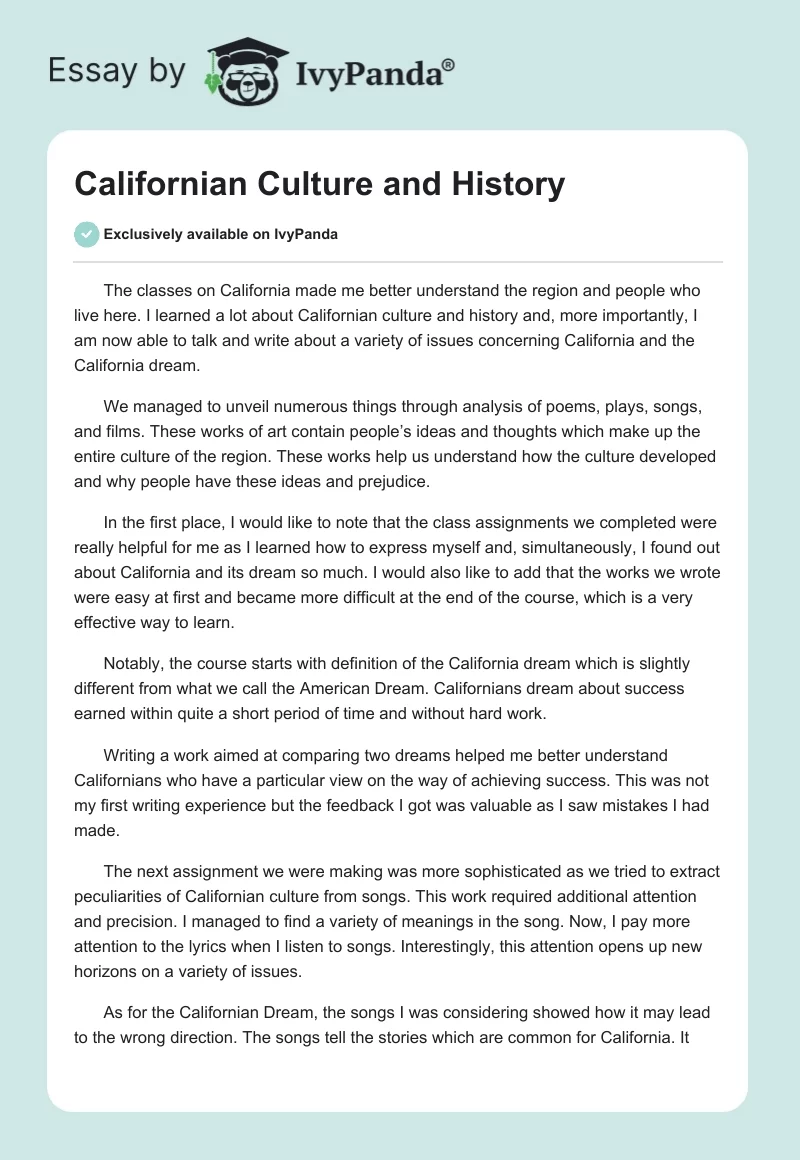 Californian Culture and History. Page 1