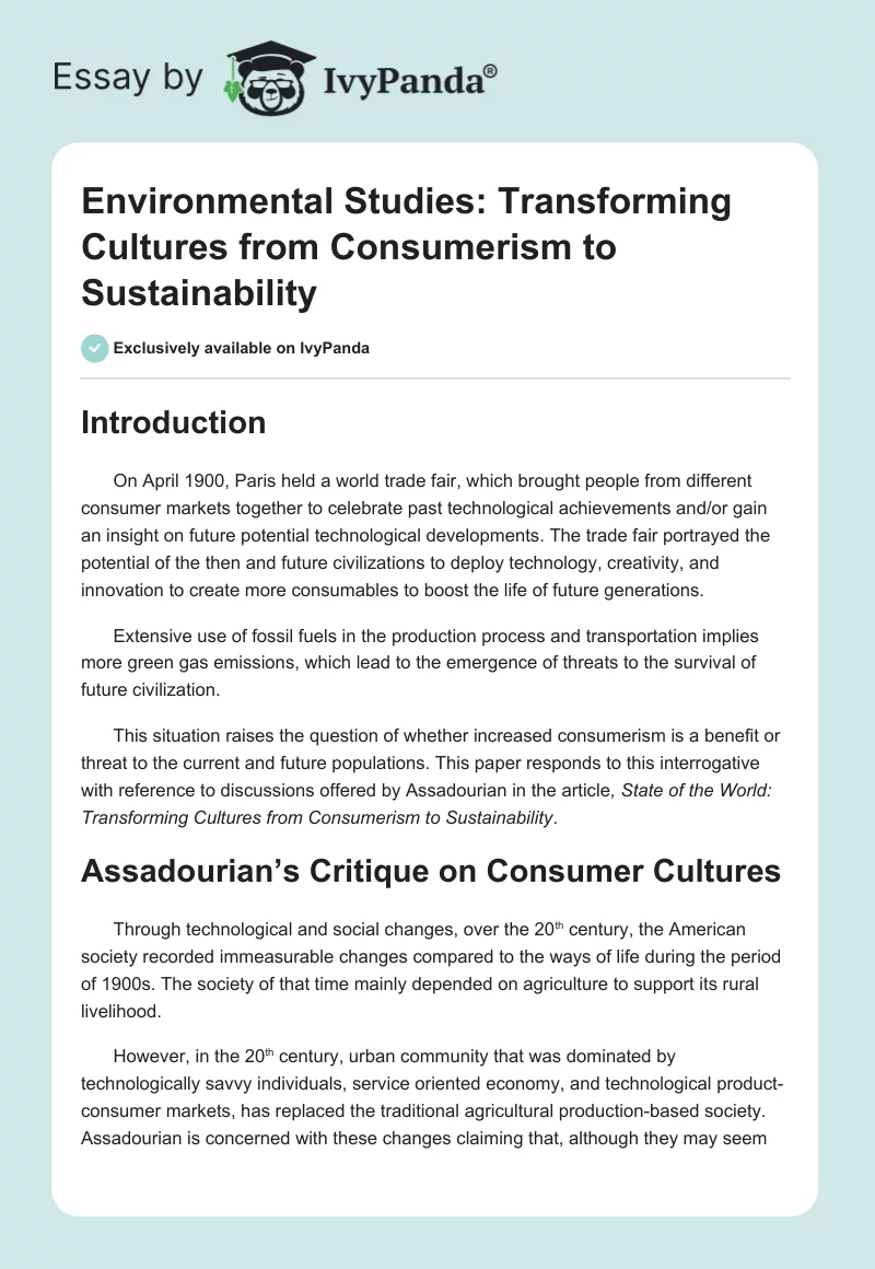 Environmental Studies: Transforming Cultures From Consumerism to Sustainability. Page 1