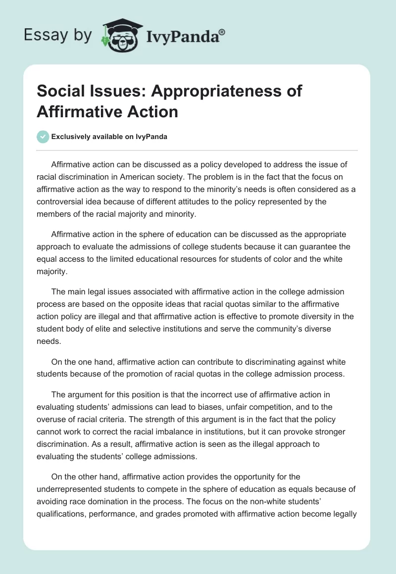 Social Issues: Appropriateness of Affirmative Action. Page 1