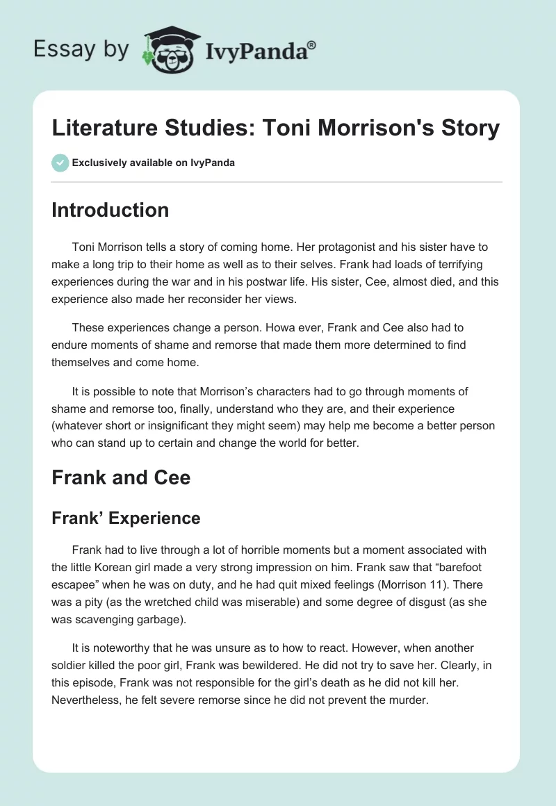 Literature Studies: Toni Morrison's Story. Page 1