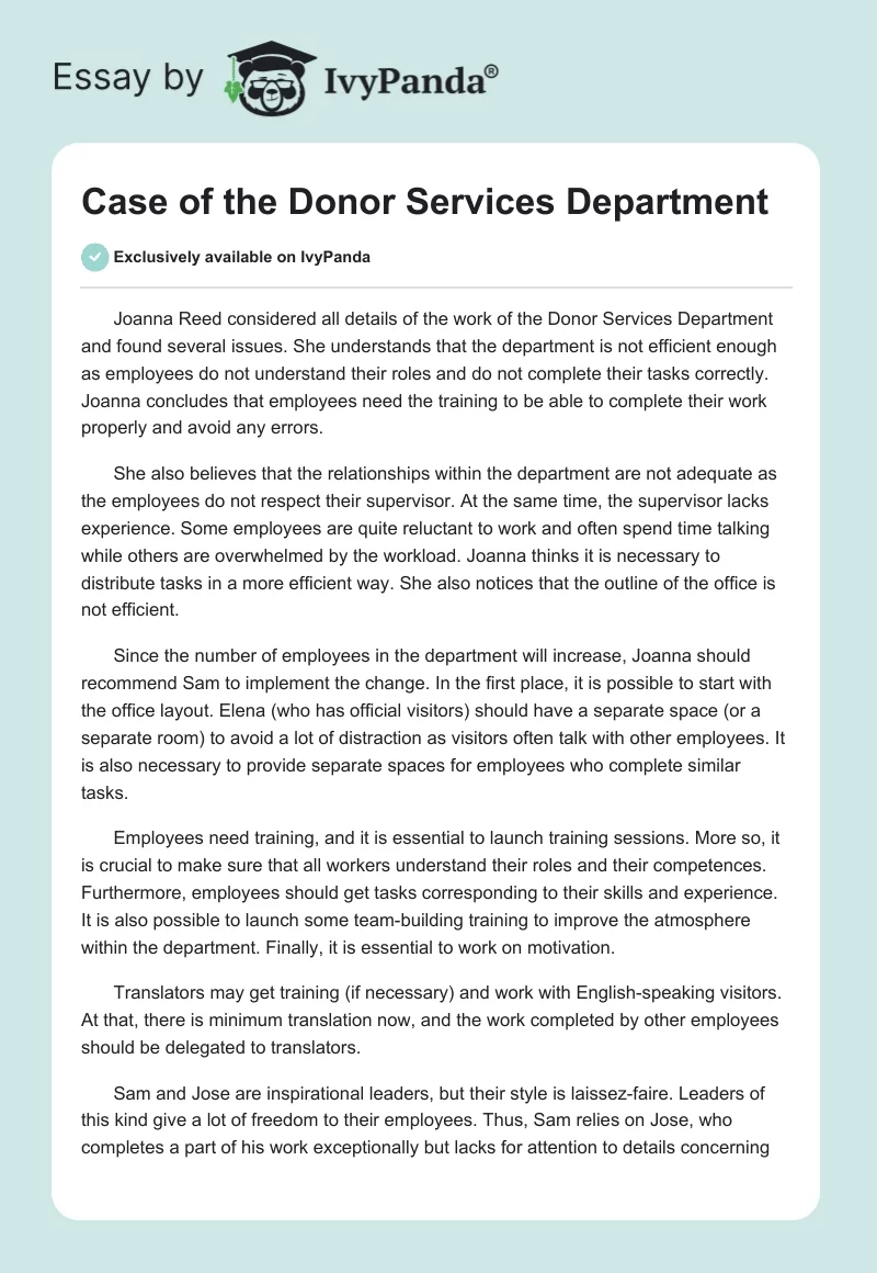 Case of the Donor Services Department. Page 1