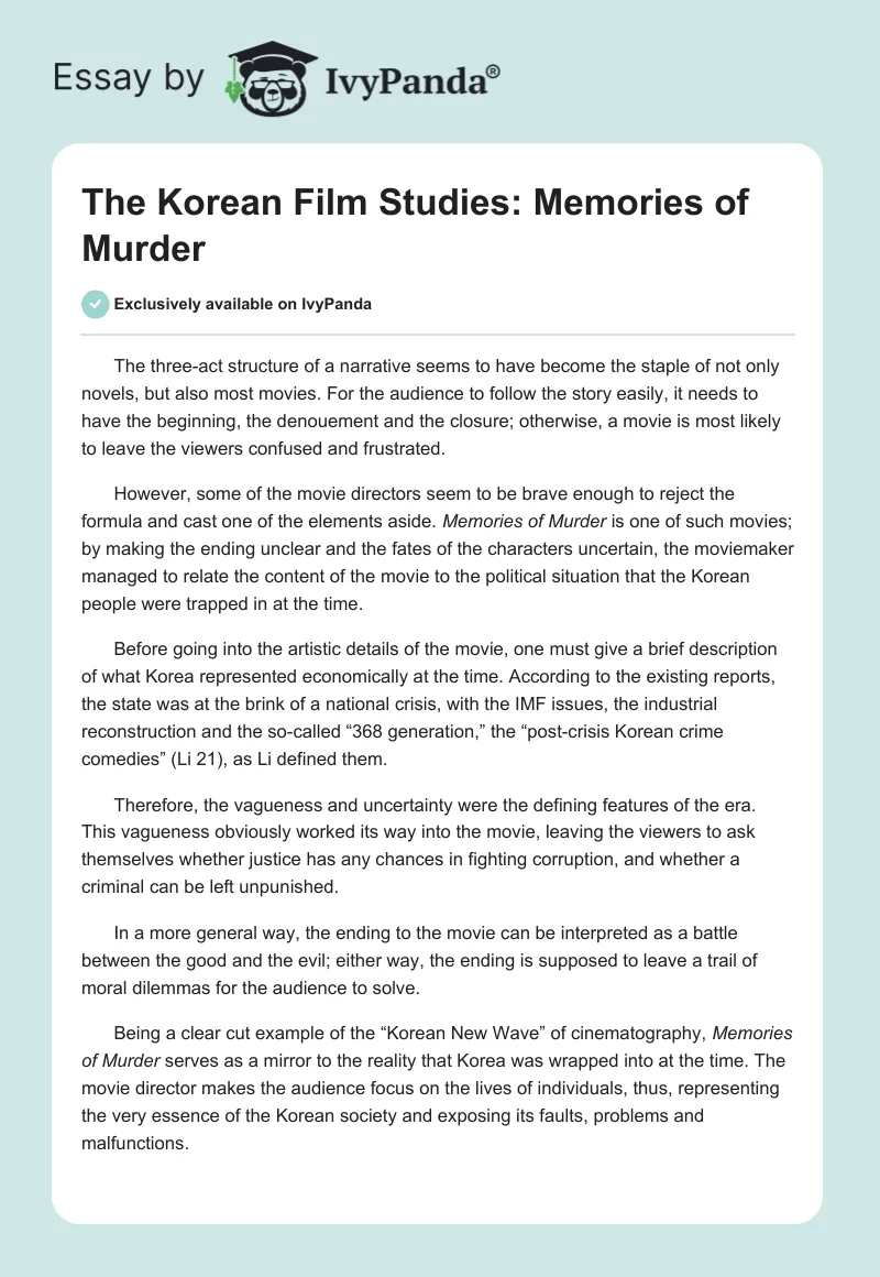 The Korean Film Studies: Memories of Murder. Page 1