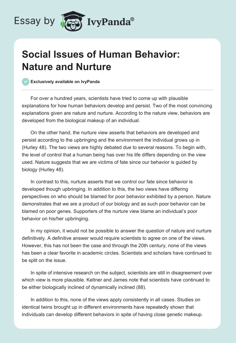 Social Issues of Human Behavior: Nature and Nurture. Page 1
