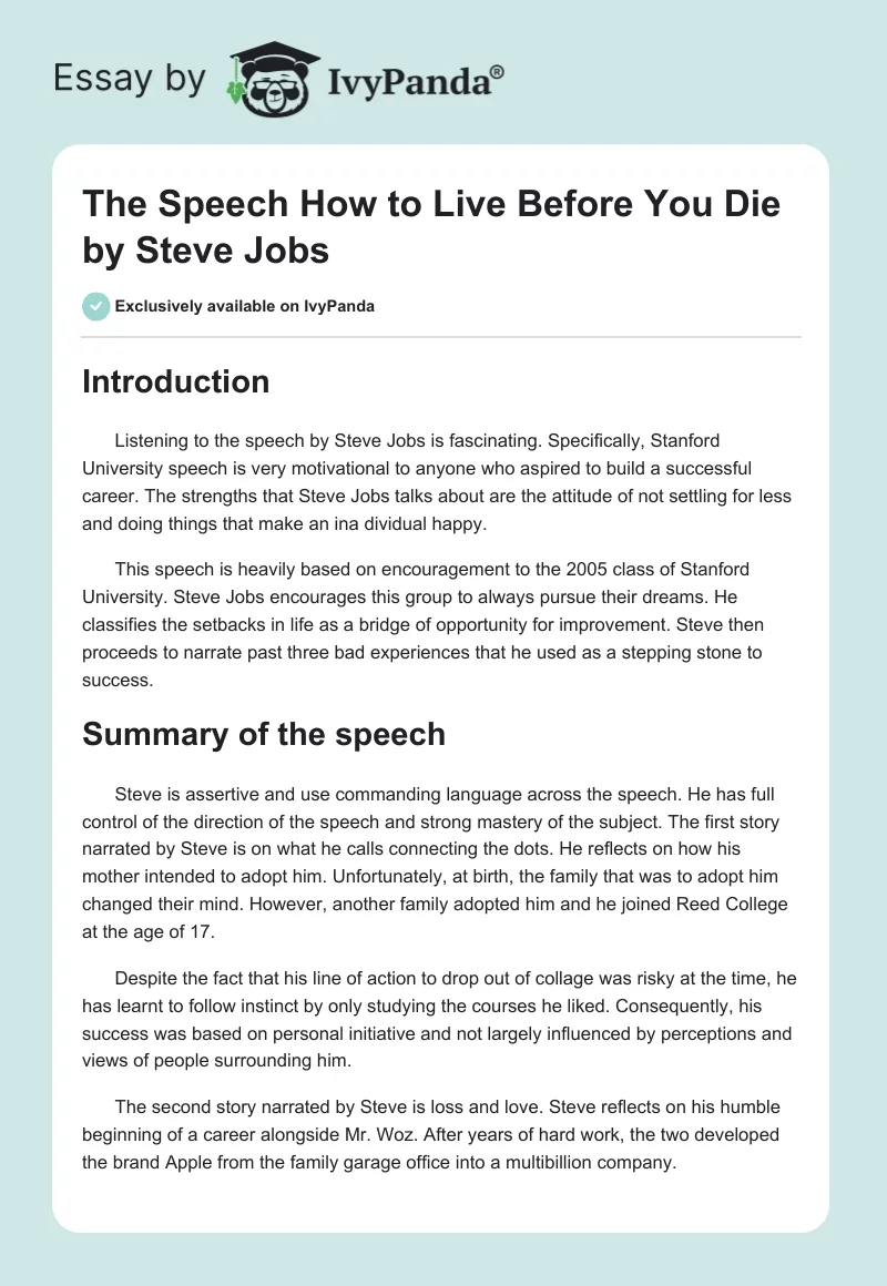 The Speech "How to Live Before You Die" by Steve Jobs. Page 1