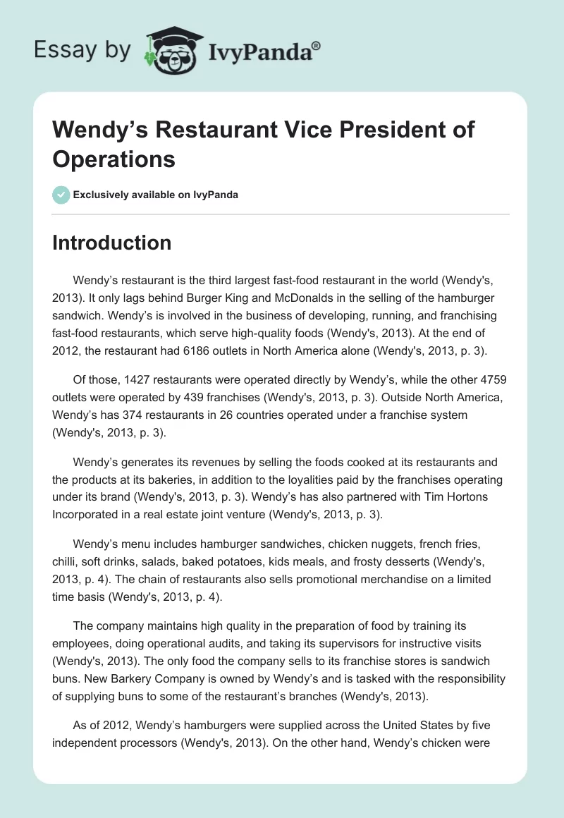Wendy’s Restaurant Vice President of Operations. Page 1