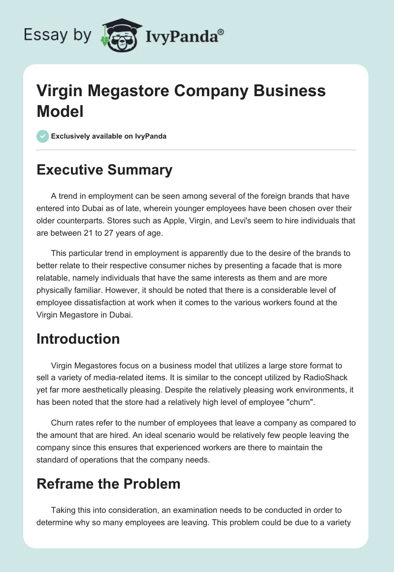 Virgin Megastore Company Business Model. Page 1