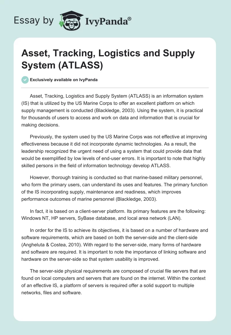 Asset, Tracking, Logistics and Supply System (ATLASS). Page 1