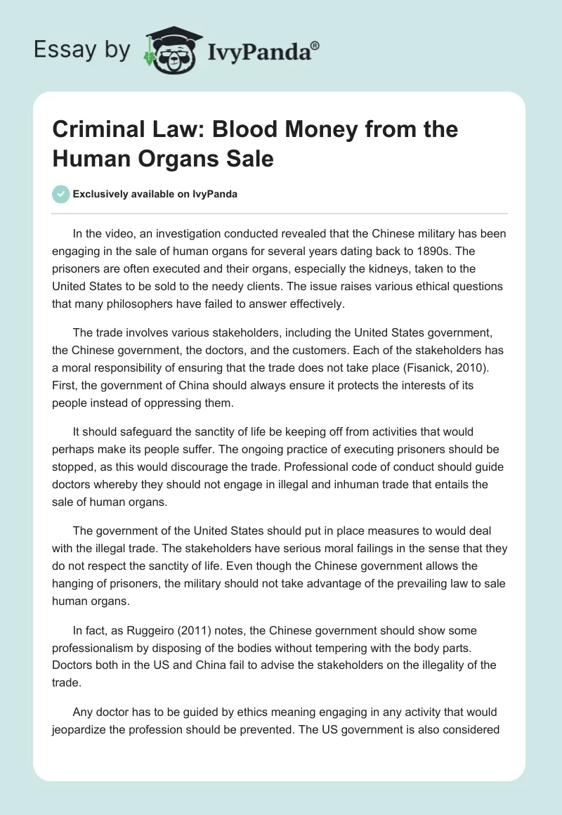 Criminal Law: Blood Money From the Human Organs Sale. Page 1