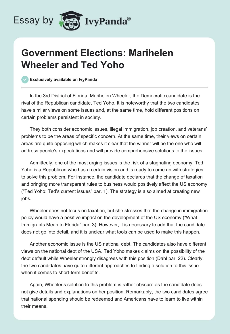 Government Elections: Marihelen Wheeler and Ted Yoho. Page 1
