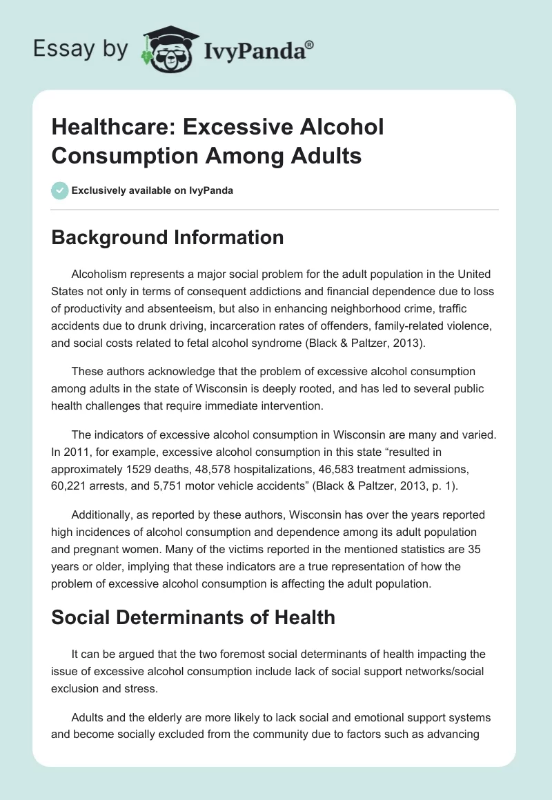 Healthcare: Excessive Alcohol Consumption Among Adults. Page 1
