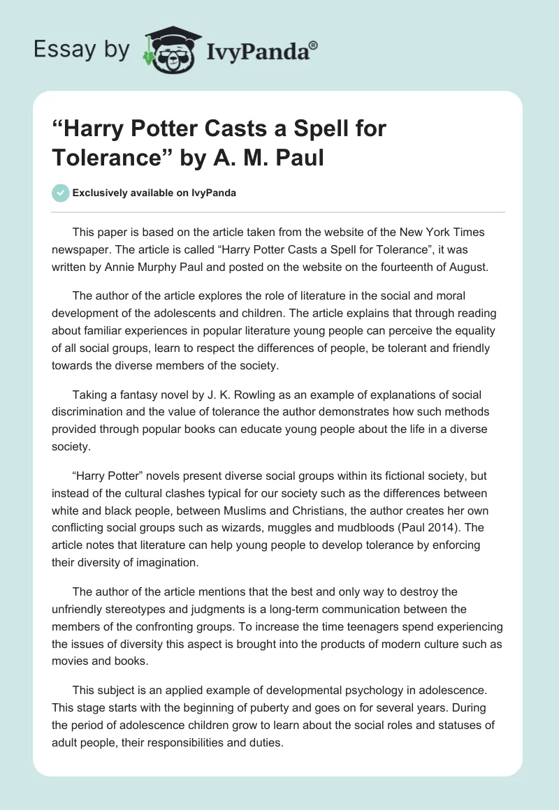 “Harry Potter Casts a Spell for Tolerance” by A. M. Paul. Page 1