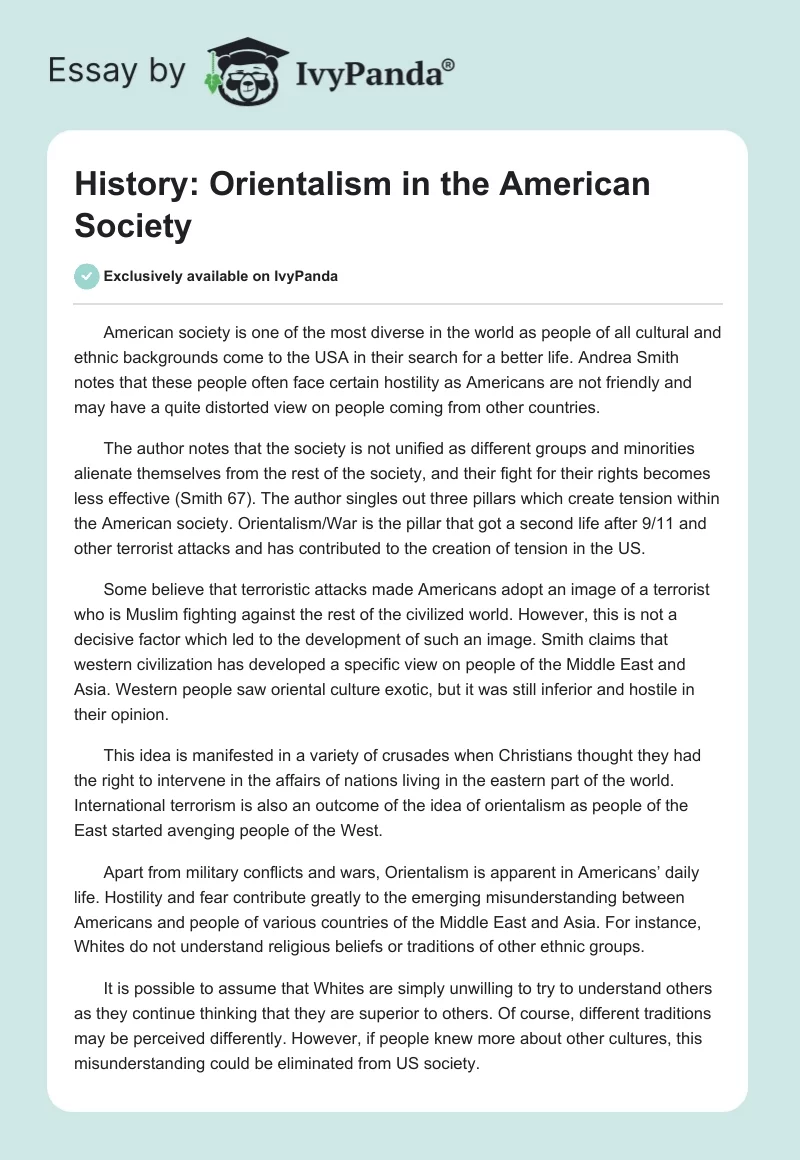 History: Orientalism in the American Society. Page 1