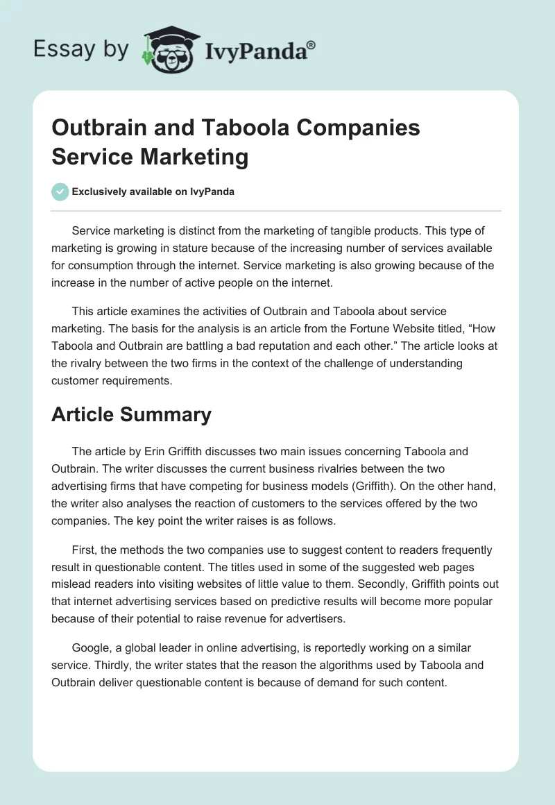 Outbrain and Taboola Companies Service Marketing. Page 1