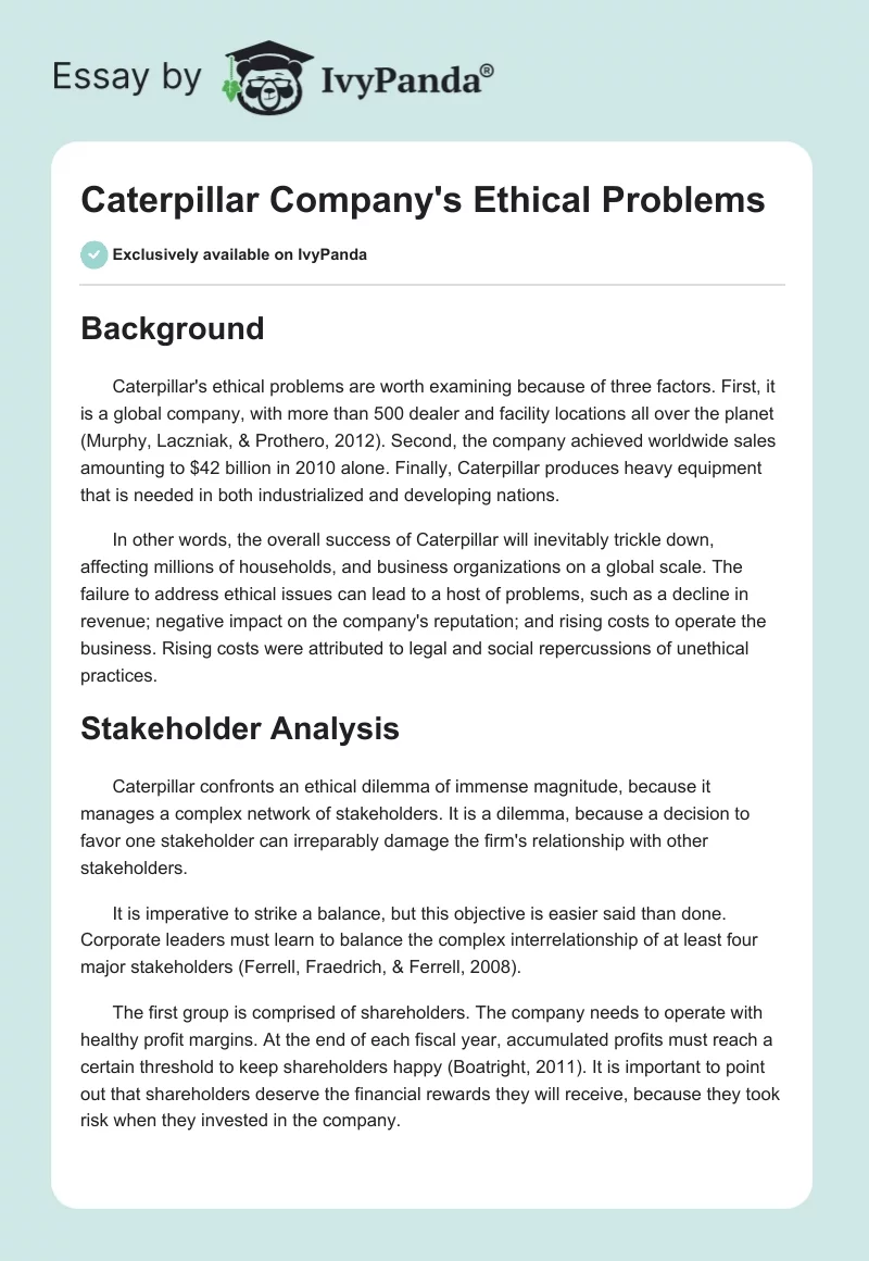 Caterpillar Company's Ethical Problems. Page 1