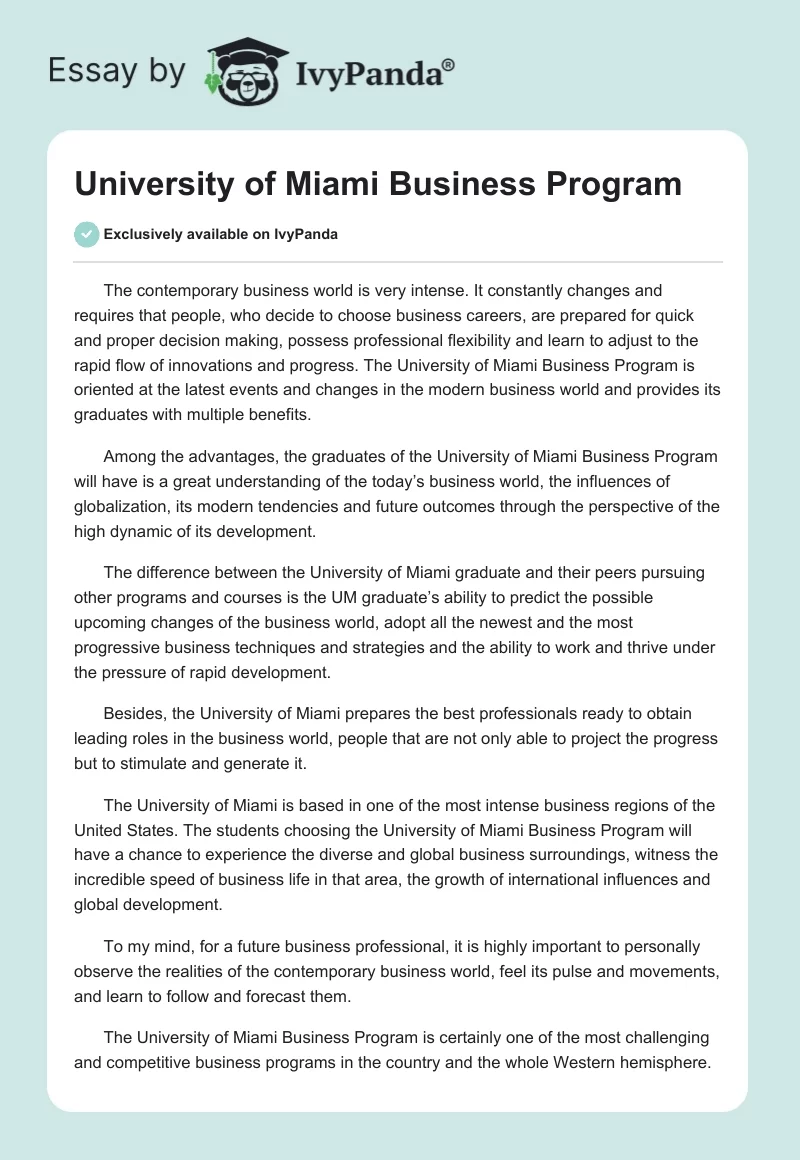 University of Miami Business Program. Page 1