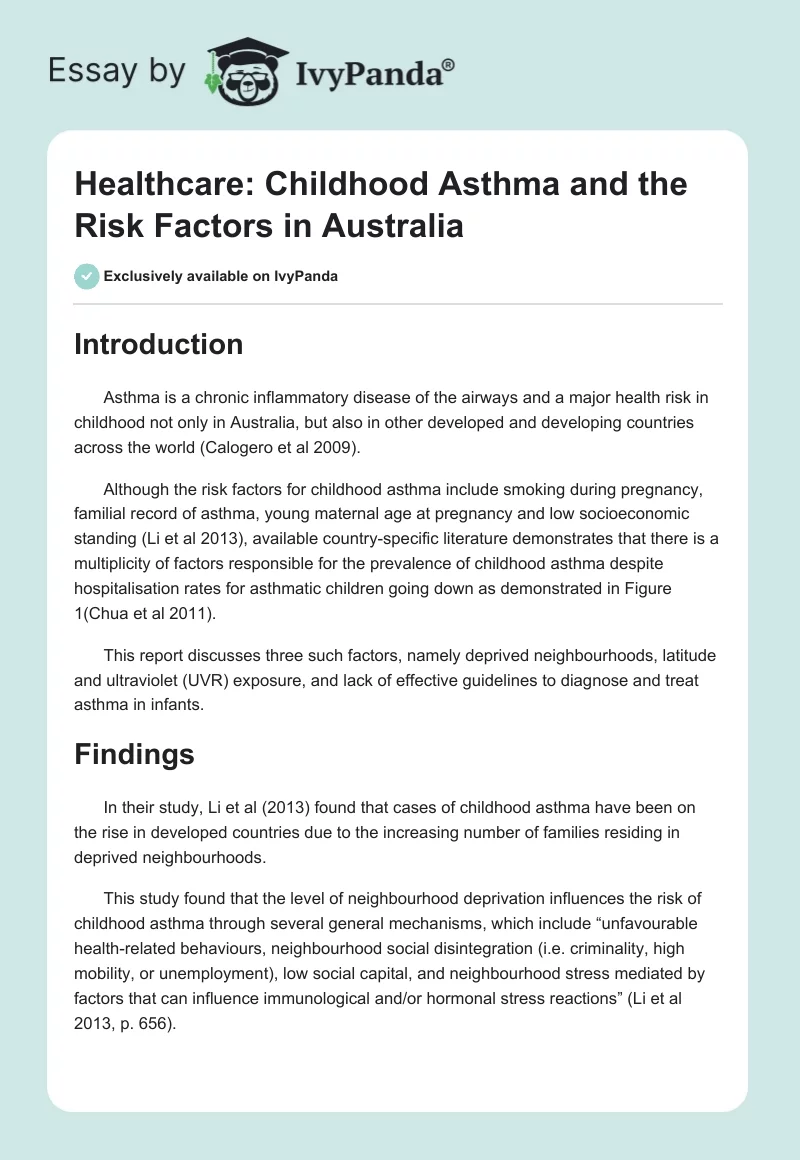 Healthcare: Childhood Asthma and the Risk Factors in Australia. Page 1