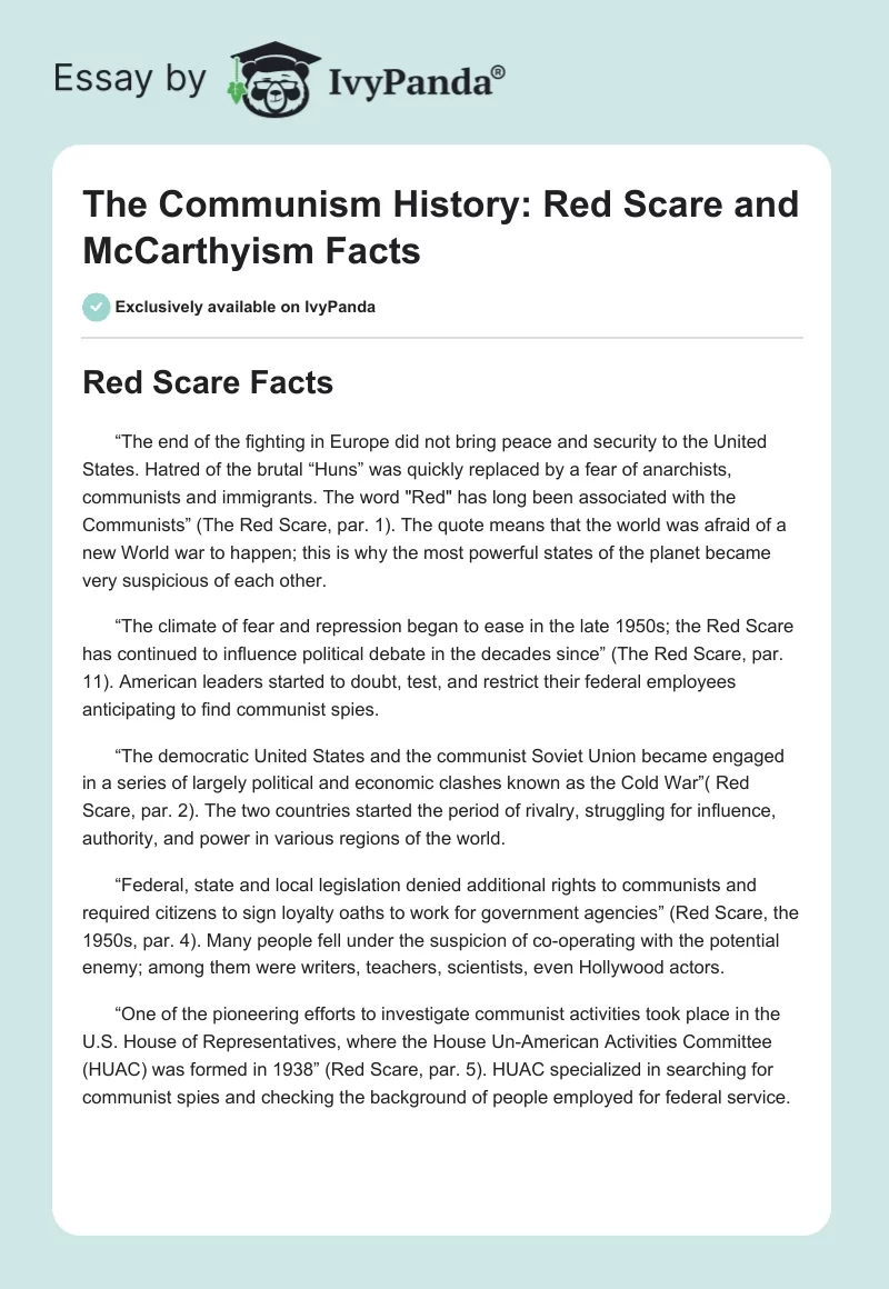 The Communism History: Red Scare and McCarthyism Facts. Page 1
