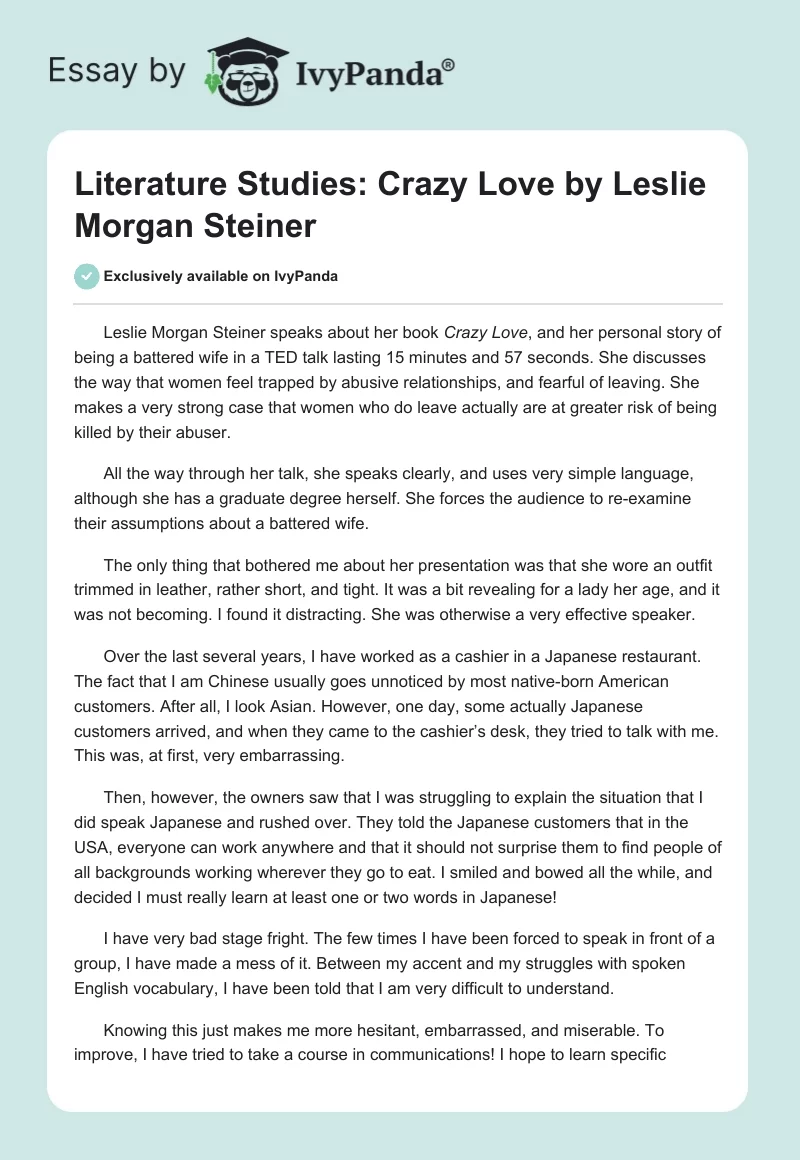 Literature Studies: Crazy Love by Leslie Morgan Steiner. Page 1