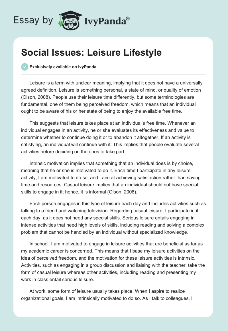 Social Issues: Leisure Lifestyle. Page 1