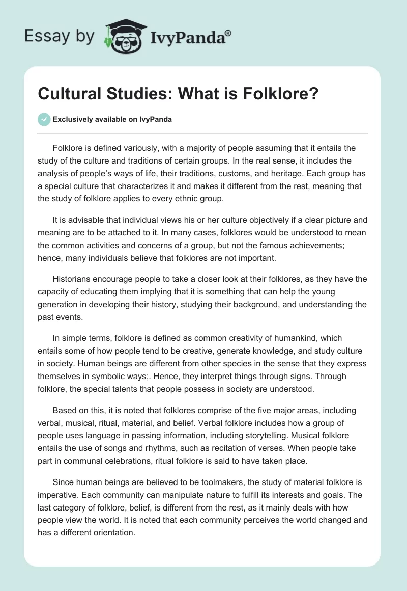 Cultural Studies: What is Folklore?. Page 1