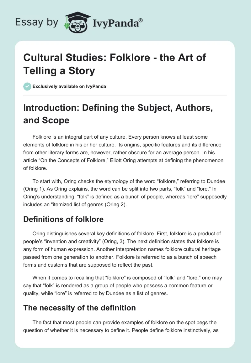 Cultural Studies: Folklore - the Art of Telling a Story. Page 1