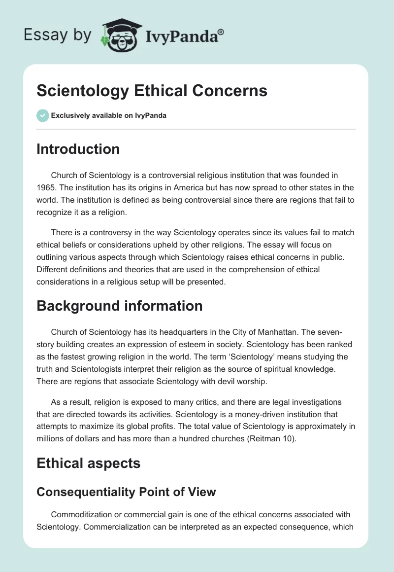 Scientology Ethical Concerns. Page 1