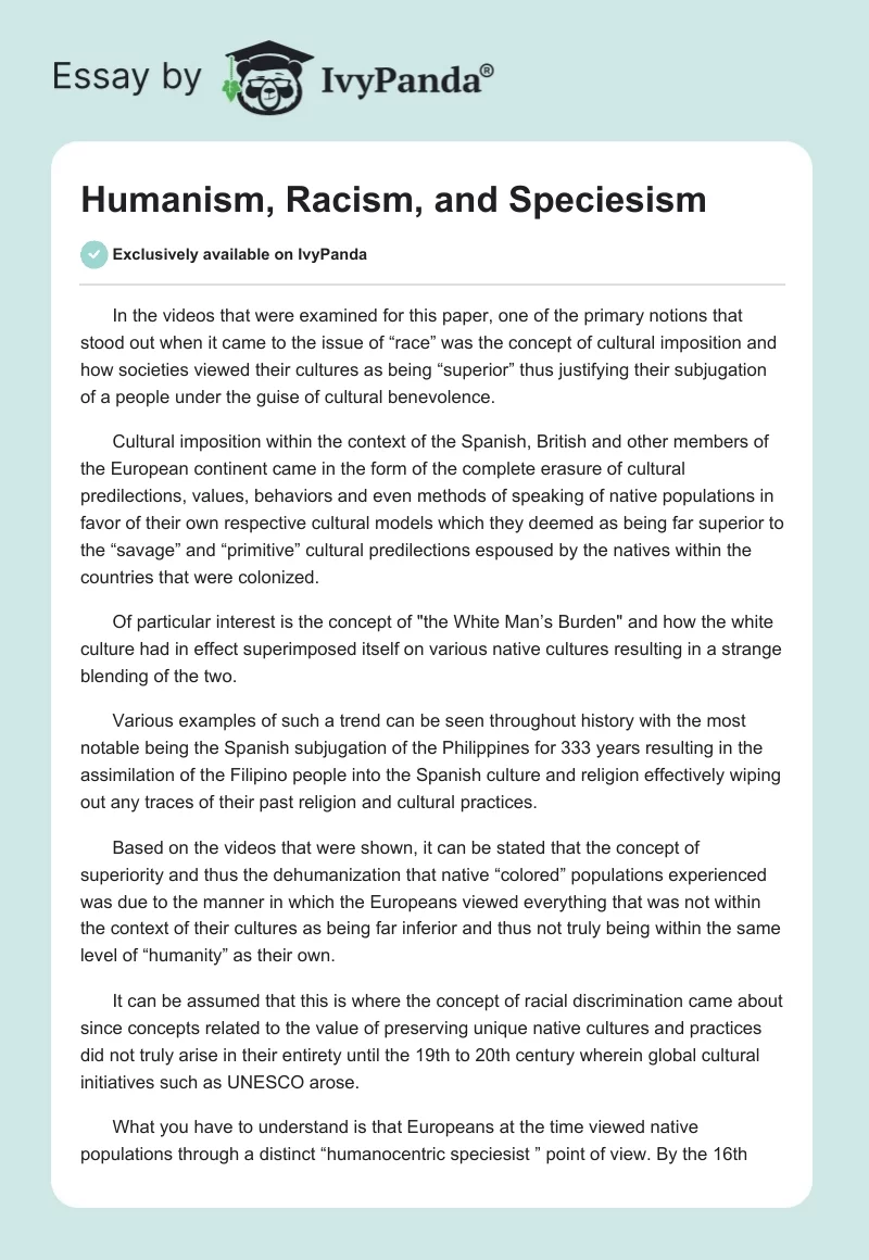 Humanism, Racism, and Speciesism. Page 1