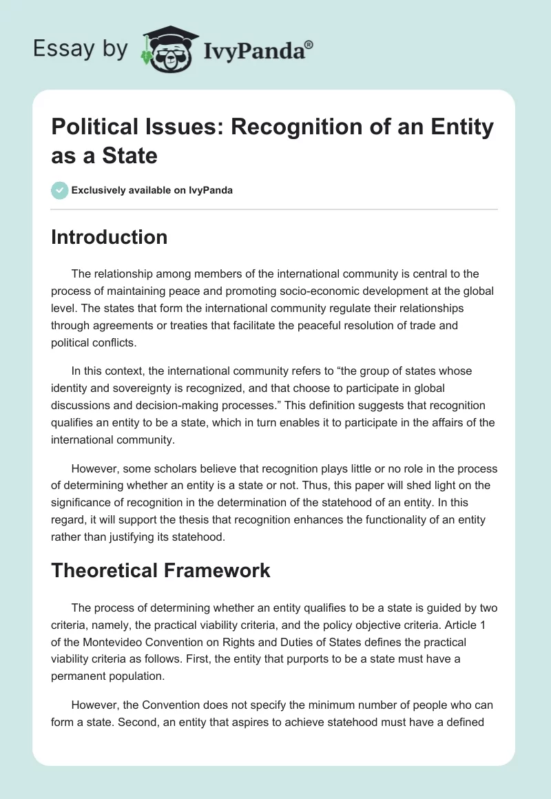 Political Issues: Recognition of an Entity as a State. Page 1