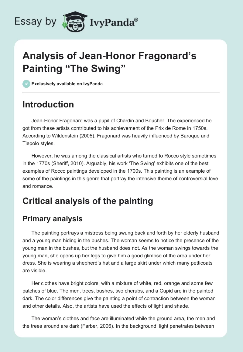 Analysis of Jean-Honor Fragonard’s Painting “The Swing”. Page 1