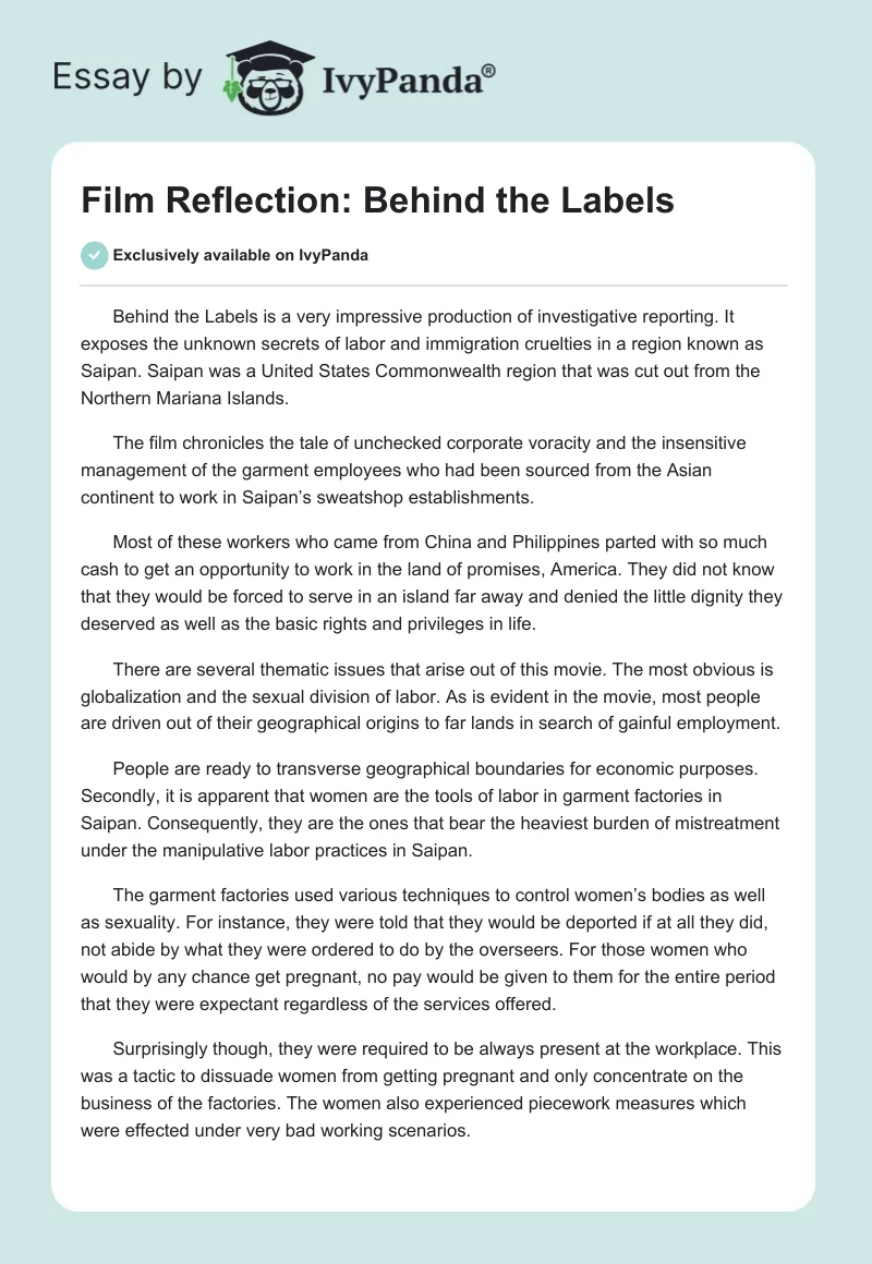 Film Reflection: Behind the Labels. Page 1